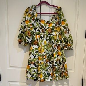 Cara Cara Tropical Print Dress with Puff Sleeves